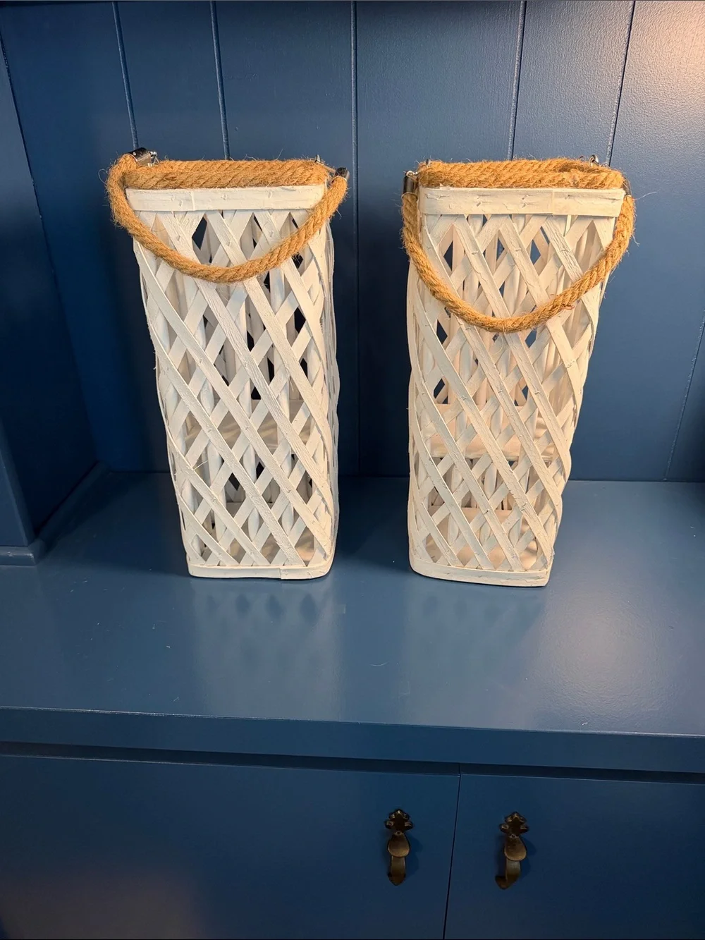 White Woven Lantern Pair with Rope Handles -